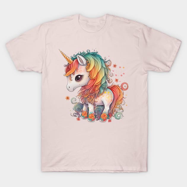 Enchanted Blossoms: A Floral Journey with the Rainbow-maned Unicorn T-Shirt by TheMythicalCreatures